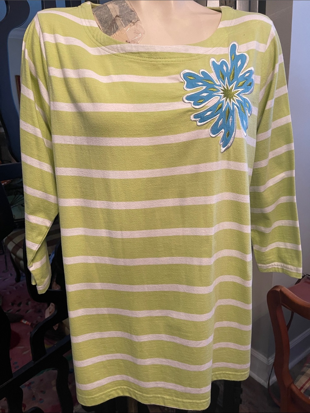 Bob Mackie Lime Green & White Striped Boatneck Top with Blue Applique